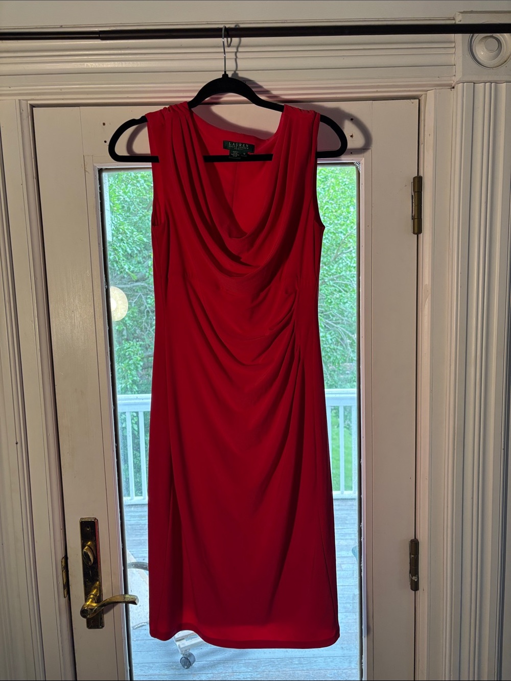 Ralph Lauren Bright Red Sleeveless Draped cowl neck Ruched Midi Dress